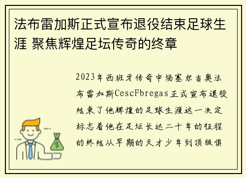 法布雷加斯正式宣布退役结束足球生涯 聚焦辉煌足坛传奇的终章